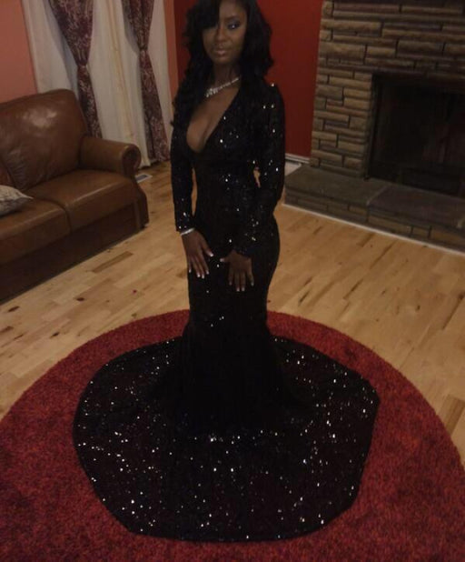 Black Sequin Long Sleeve Mermaid Prom Dress Deep V-Neck | Bridelily Black Sequin Long Sleeve Mermaid Prom Dress Deep V-Neck | Bridelily