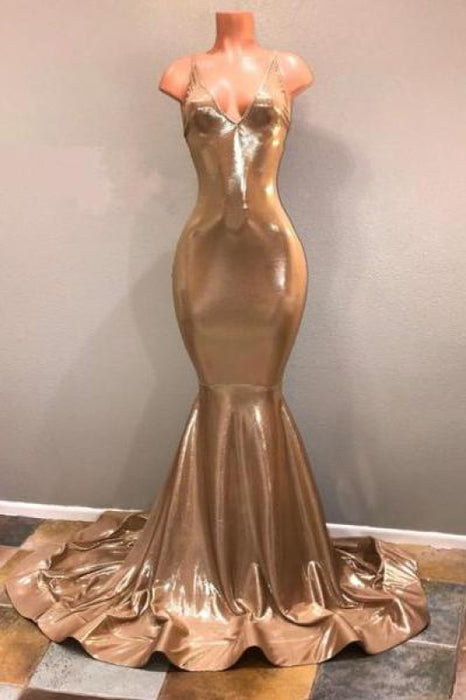 Bridelily Shiny Gold Mermaid Prom Dresses | Spaghettis Straps Backless Evening Gowns - Prom Dresses