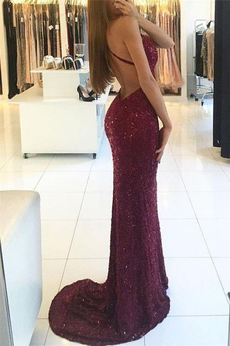 Bridelily Shiny Mermaid Burgundy Prom Dresses 2019 V-neck Straps Backless Sequined Formal Dress - Prom Dresses