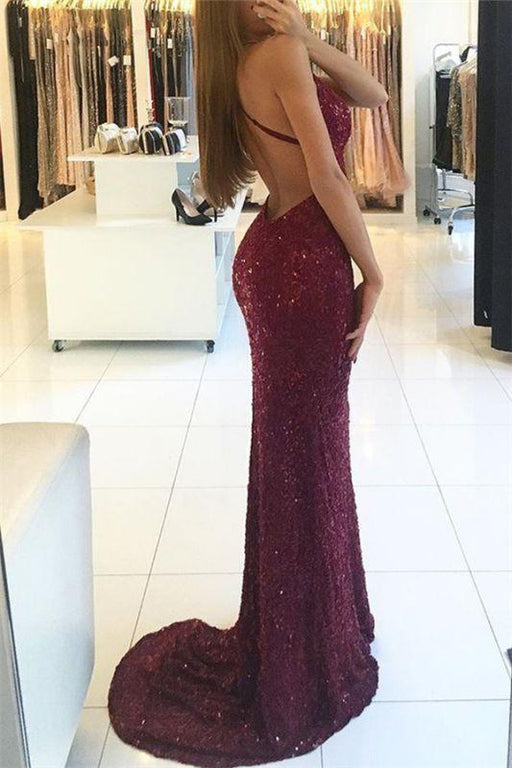 Bridelily Shiny Mermaid Burgundy Prom Dresses 2019 V-neck Straps Backless Sequined Formal Dress - Prom Dresses
