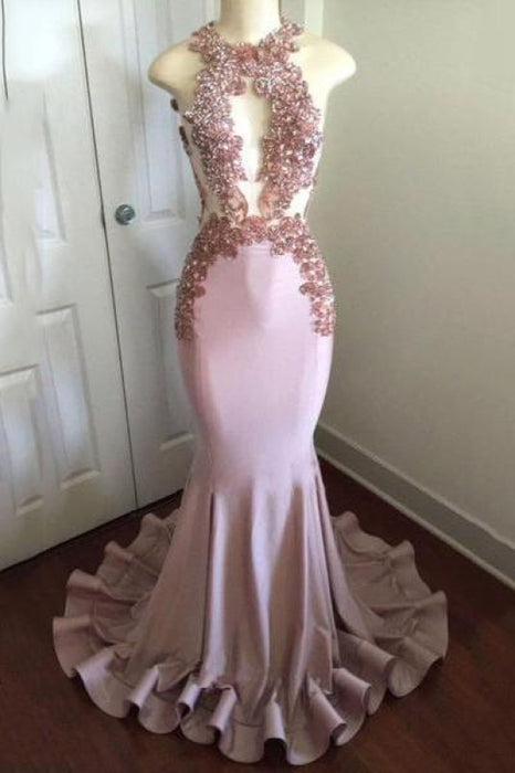 Bridelily Shiny Pink Mermaid Prom Dresses | Appliques Open Back Evening Gowns - Prom Dresses