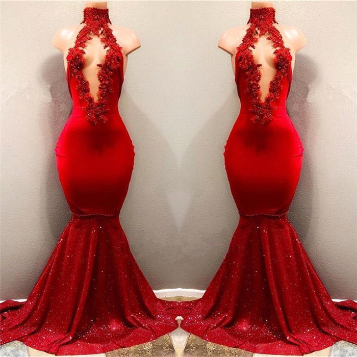 Bridelily Shiny Red Mermaid Prom Dresses High Keyhole Neckline Evening Gowns - Prom Dresses