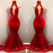 Bridelily Shiny Red Mermaid Prom Dresses High Keyhole Neckline Evening Gowns - Prom Dresses