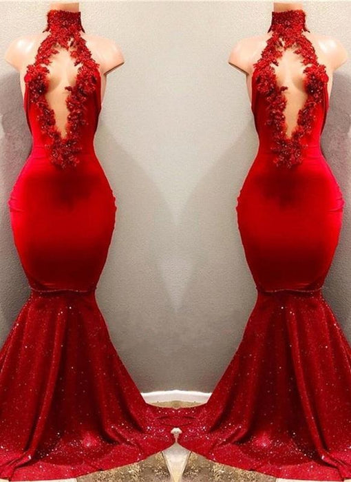 Bridelily Shiny Red Mermaid Prom Dresses High Keyhole Neckline Evening Gowns - Prom Dresses