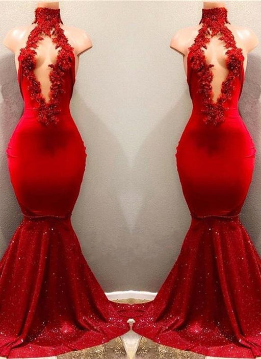 Bridelily Shiny Red Mermaid Prom Dresses High Keyhole Neckline Evening Gowns - Prom Dresses