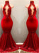 Bridelily Shiny Red Mermaid Prom Dresses High Keyhole Neckline Evening Gowns - Prom Dresses