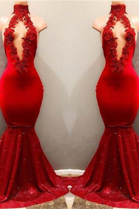 Bridelily Shiny Red Mermaid Prom Dresses High Keyhole Neckline Evening Gowns - Prom Dresses