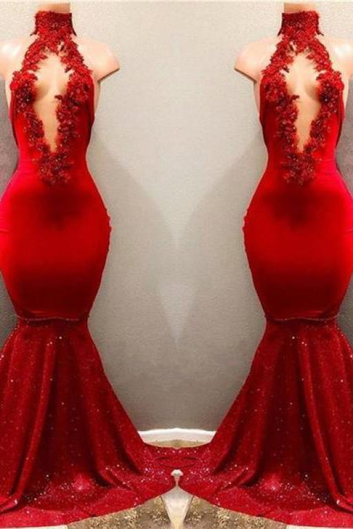 Bridelily Shiny Red Mermaid Prom Dresses High Keyhole Neckline Evening Gowns - Prom Dresses