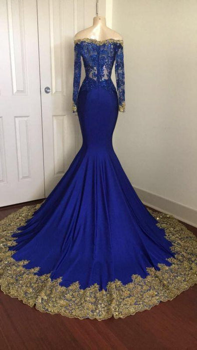 Bridelily Shiny Royal Blue Prom Dresses | Off-the-Shoulder Evening Gowns - Prom Dresses