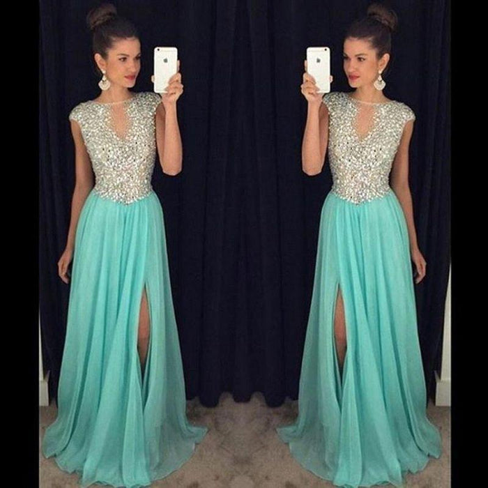 Bridelily Short Sleeve A-Line Crystal Prom Dresses New Arrival Floor Length Evening Gowns GA052 - Prom Dresses