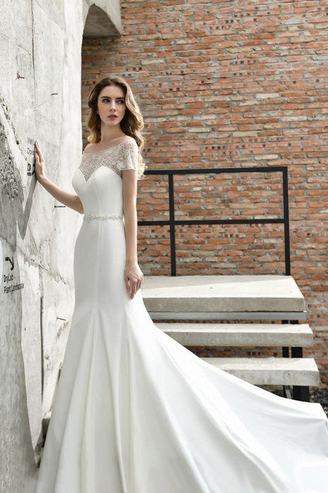 Bridelily Short Sleeve Mermaid Satin Lace Wedding Dress - wedding dresses