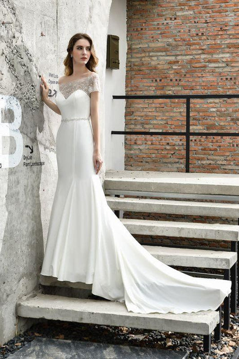 Bridelily Short Sleeve Mermaid Satin Lace Wedding Dress - wedding dresses