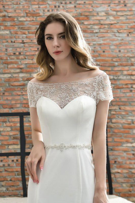 Bridelily Short Sleeve Mermaid Satin Lace Wedding Dress - wedding dresses