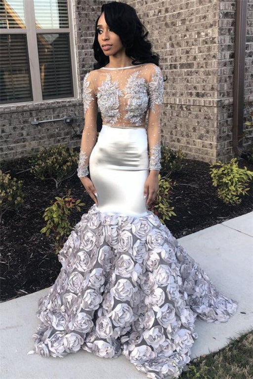 Silver Prom Dress Long Sleeve Beaded Lace Mermaid Gown - Bridelily Silver Prom Dress Long Sleeve Beaded Lace Mermaid Gown - Bridelily