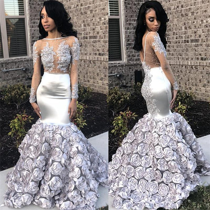 Bridelily Silver FlowersPretty Prom Dresses 2019 | Long Sleeve Beads Lace Mermaid Graduation Dress FB0371 - Prom Dresses