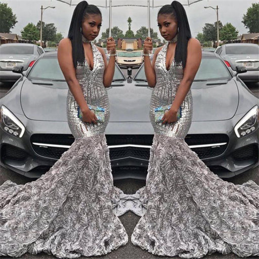 Bridelily Silver Sequins V-neck Sexy Prom Dress | Rose Bottom Sleeveless 2019 Evening Gown FB0291 - Prom Dresses