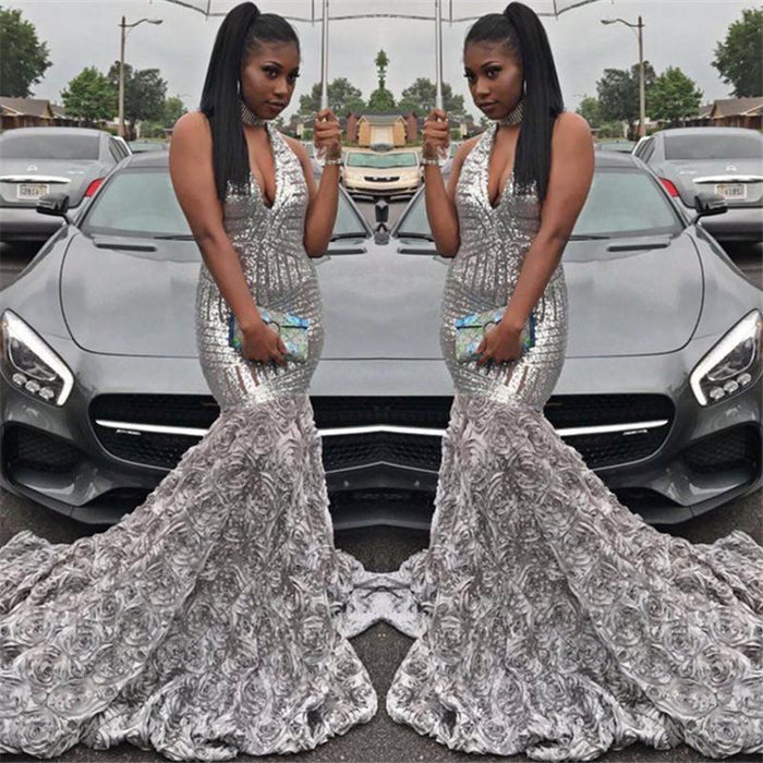 Bridelily Silver Sequins V-neck Sexy Prom Dress | Rose Bottom Sleeveless 2019 Evening Gown FB0291 - Prom Dresses