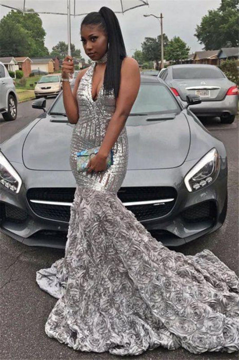 Bridelily Silver Sequins V-neck Sexy Prom Dress | Rose Bottom Sleeveless 2019 Evening Gown FB0291 - Prom Dresses