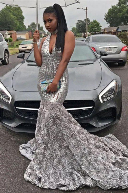 Bridelily Silver Sequins V-neck Sexy Prom Dress | Rose Bottom Sleeveless 2019 Evening Gown FB0291 - Prom Dresses