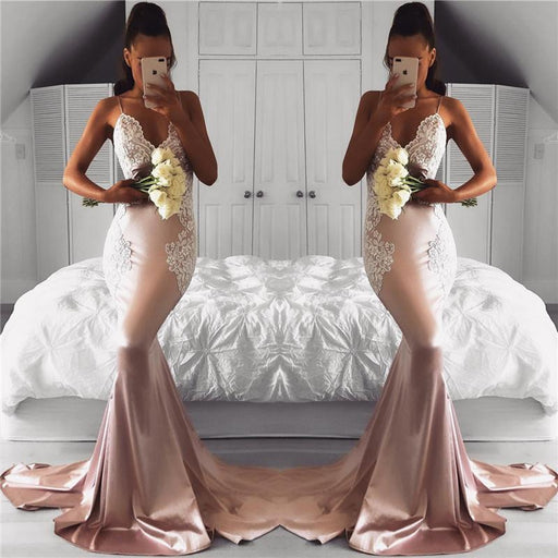 Bridelily Spaghetti Straps V-neck Pink Prom Dresses Lace Mermaid 2019 Cheap Formal Evening Gown FB02019AN0 - Prom Dresses