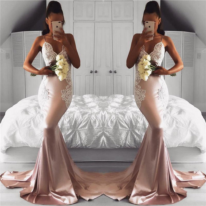 Bridelily Spaghetti Straps V-neck Pink Prom Dresses Lace Mermaid 2019 Cheap Formal Evening Gown FB02019AN0 - Prom Dresses