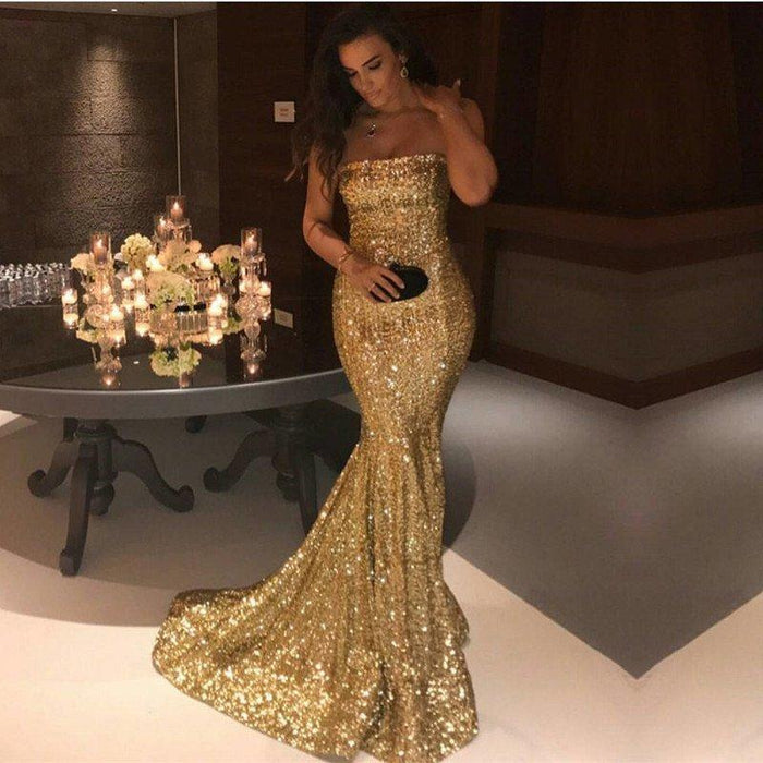 Bridelily Sparkle Gold Sequins Mermaid Evening Gowns Cheap Sexy Strapless Prom Dresses 2019 FB0164 - Prom Dresses
