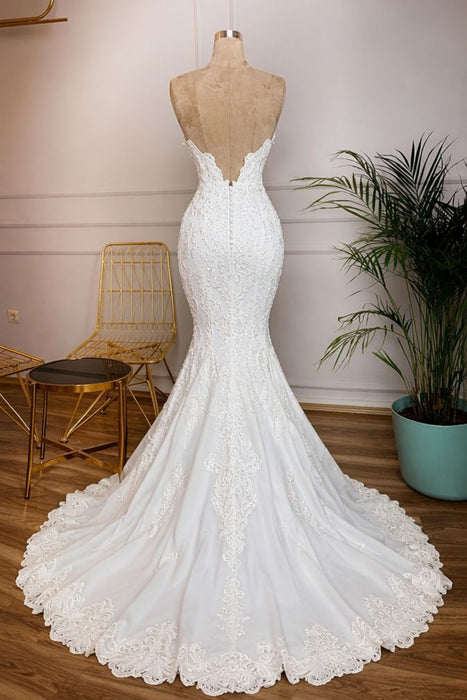 Bridelily Strapless Appliques Satin Mermaid Wedding Dress - wedding dresses