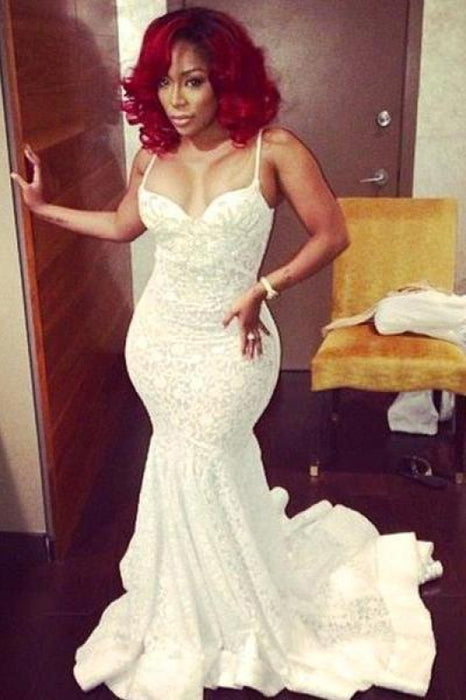 Bridelily Stunning Spaghetti Straps 2019 Prom Dresses Lace With Train - Prom Dresses