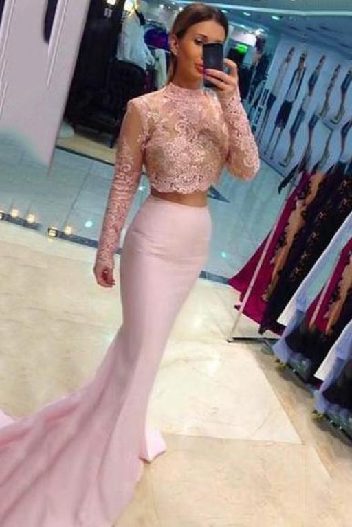 Bridelily Two-Piece Lace Long-Sleeves High-Neck Mermaid Prom Dresses - Prom Dresses