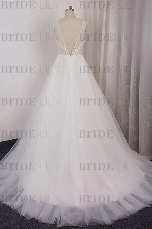 Bridelily V-neck Appliques Tulle A-line Wedding Dress - wedding dresses