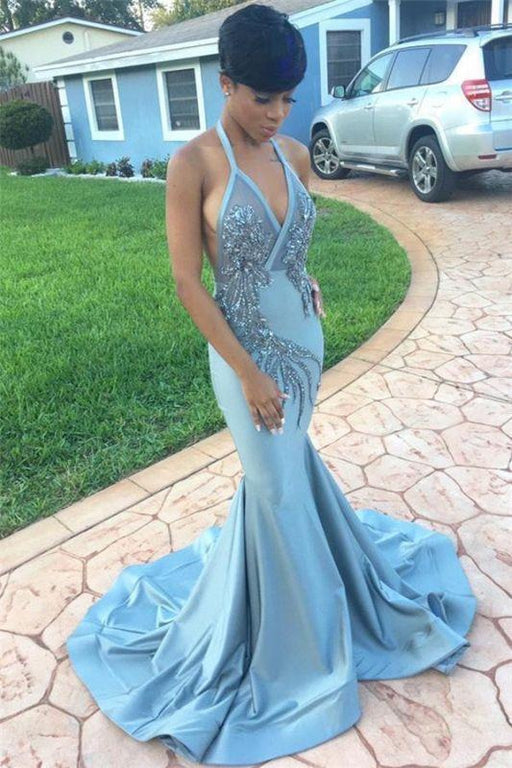 Bridelily V-neck Halter Prom Dress | 2019 Mermaid Backless Evening Gowns BK0 - Prom Dresses