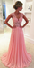 Bridelily V-neck Pink 2019 Long Prom Dresses Elegant Popular Evening Dress CE043 - Prom Dresses