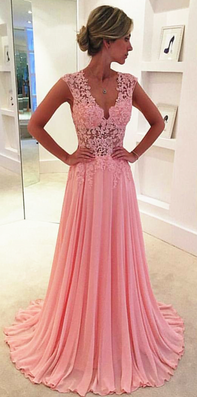 Bridelily V-neck Pink 2019 Long Prom Dresses Elegant Popular Evening Dress CE043 - Prom Dresses