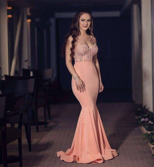 Bridelily V-neck Spaghetti Floor-length Chiffon Appliques Mermaid Prom Dresses - Prom Dresses