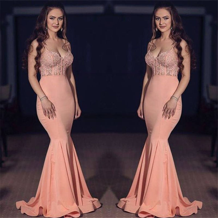 Bridelily V-neck Spaghetti Floor-length Chiffon Appliques Mermaid Prom Dresses - Prom Dresses