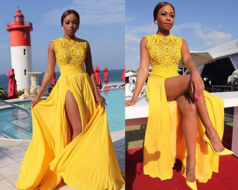 Bridelily Yellow Chiffon Side-Slit High-Neck Sleeveless Sexy Long Evening Dresses - Prom Dresses