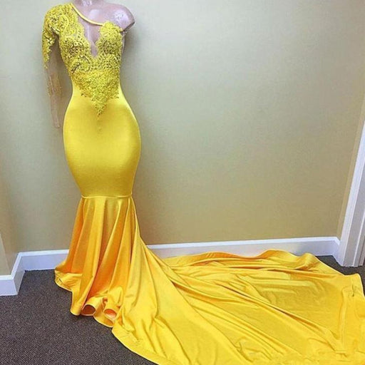 Bridelily Yellow one shoulder mermaid prom dress lace evening dresses 2019 - Prom Dresses