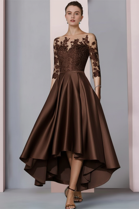 Brown Mermaid Satin Hi-Lo Mother of-Bride Dress with Appliques - Prom Dresses