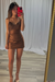 Brown Spaghetti Straps Satin Tight Short Homecoming Dress with Beadings
