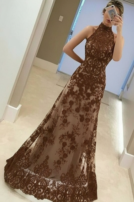 Brown A-Line High Neck Sleeveless Floor-Length Lavender Lace Prom Dress - Prom Dresses