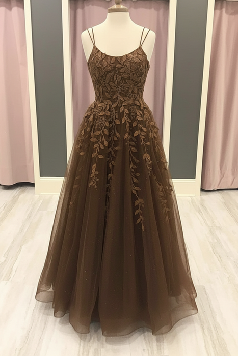 Brown A Line Lace Long Prom Dresses