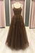 Brown A Line Lace Long Prom Dresses