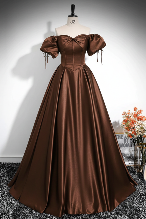Brown A-Line Pleated Off-The-Shoulder Prom Dress