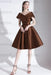 Brown A-Line V-Neck Knee-Length Short Sleeves Pleated Satin Cocktail Dress 