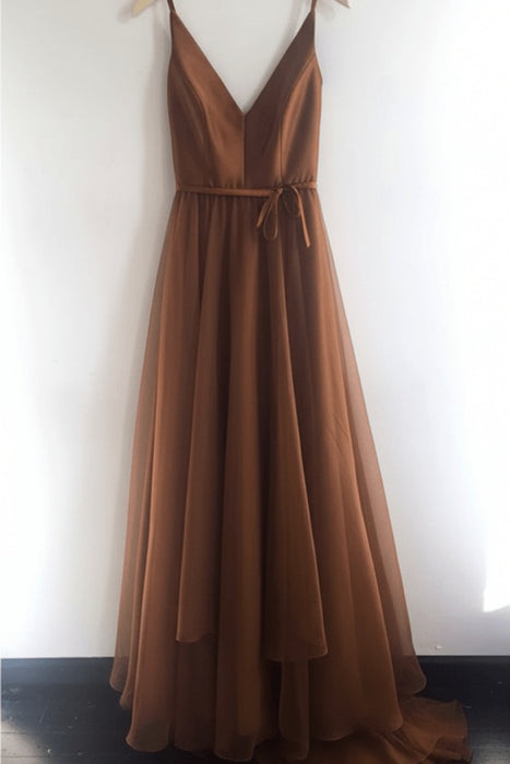 Brown A Line V Neck Spaghetti Straps Tulle Prom Dresses