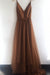 Brown A Line V Neck Spaghetti Straps Tulle Prom Dresses