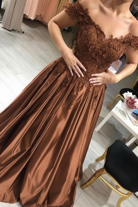 Brown Off-the-Shoulder Lace Applique Satin Aline Evening Dresses