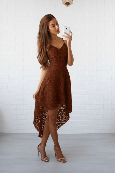 Brown Bridelily A-Line Lace Spaghetti Straps Sleeveless Short/Mini With Layers Dresses - Prom Dresses