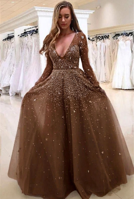 Brown Bridelily A-line Long Sleeves V-neck Floor-length Tulle Pearls Prom Dresses