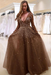 Brown Bridelily A-line Long Sleeves V-neck Floor-length Tulle Pearls Prom Dresses